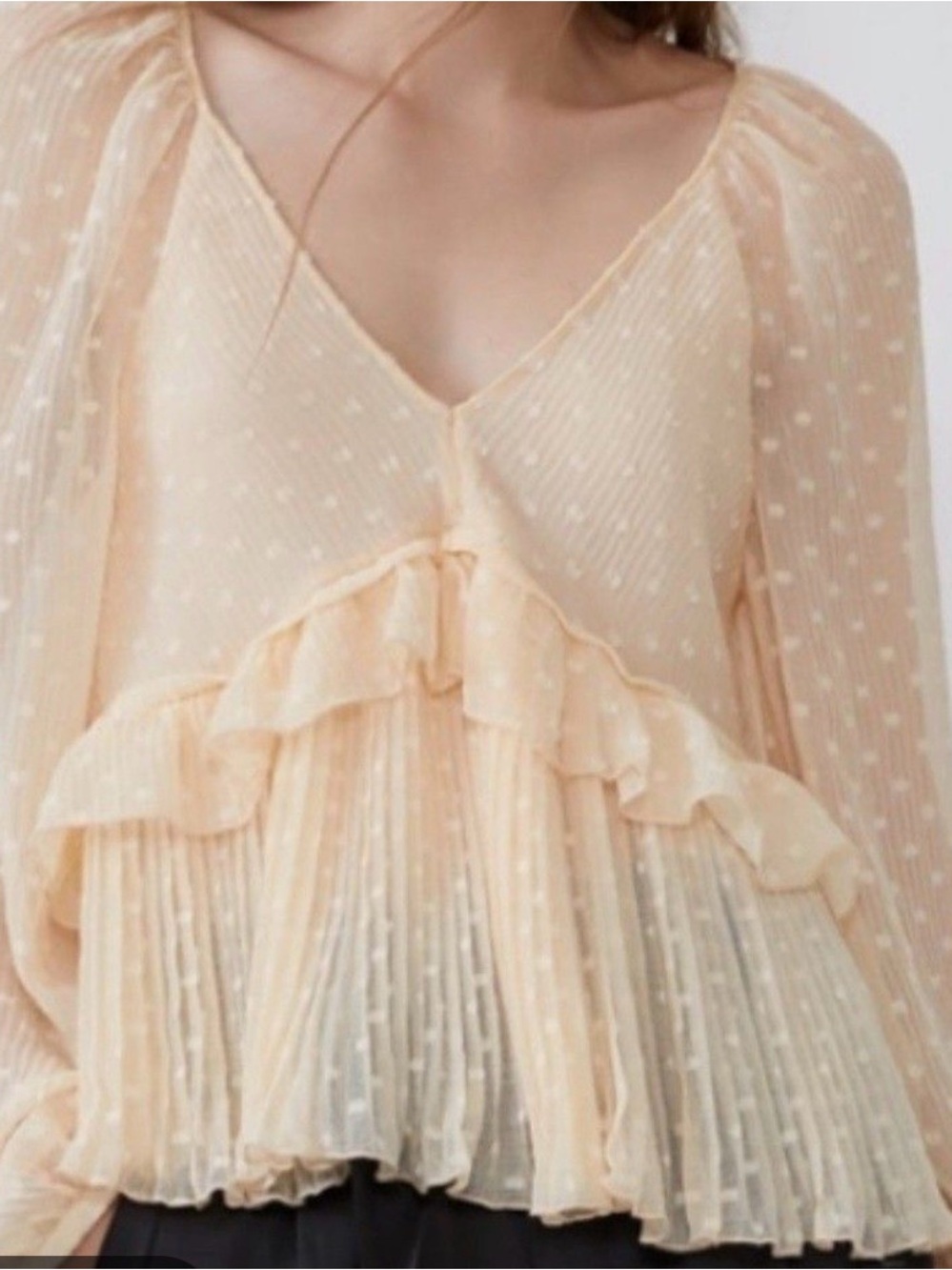 Zara Sheer Swiss Dot Ruffle Peplum Blouse in Soft Peach